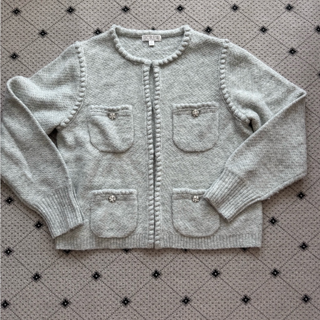 J.Crew Odette Lady Jacket Cardigan Wool Alpaca Blend Jeweled Buttons Grey M